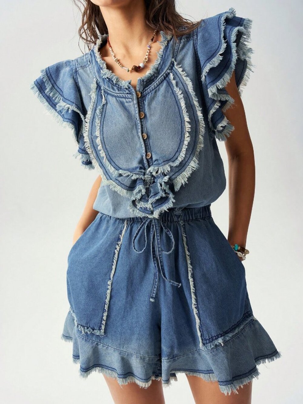 Blue Casual Women's Woven Ruffle Distressed Washed Denim romper Jumpsuit - Picture 5 of 7
